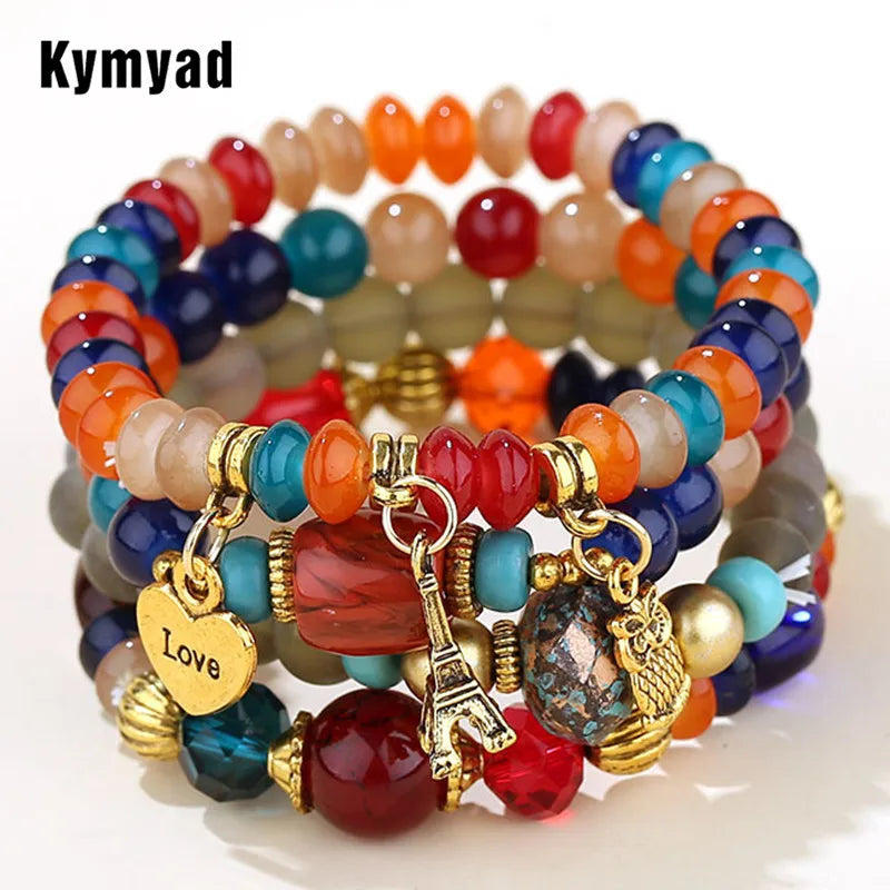 Candy Color Multilayer Bohemia Bracelets Resin Beads Stone Bracelets Sets Bijoux Owl Charm Bracelet Femme Jewelry