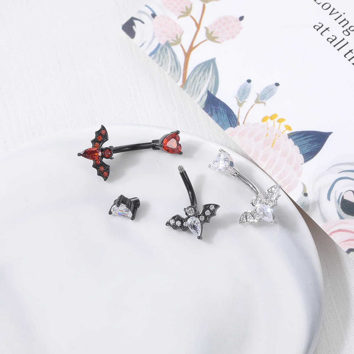 ZS 14G Bat Belly Button Ring Crystal Bat Navel Piercing Black Plated Body Piercing  Red Zircon Bat Belly Piercing Jewelry Women