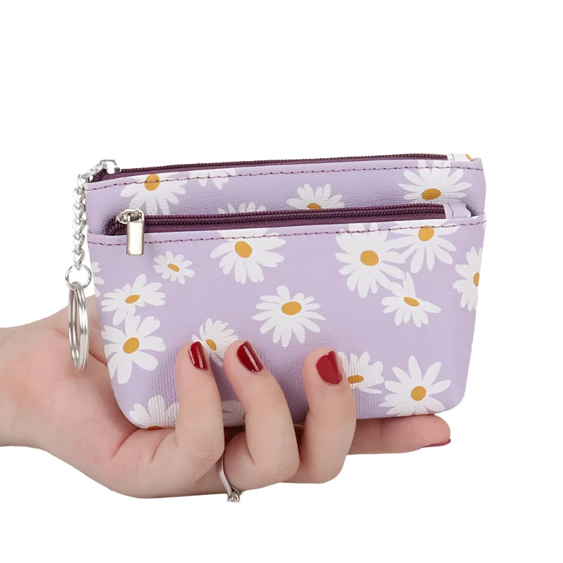 Heamsa Daisy Print Coin Purse Women Mini Wallets Clutch With Zipper Keychain Small Coin Pouch Bag Female Pouch Key Card Holder Wallet
