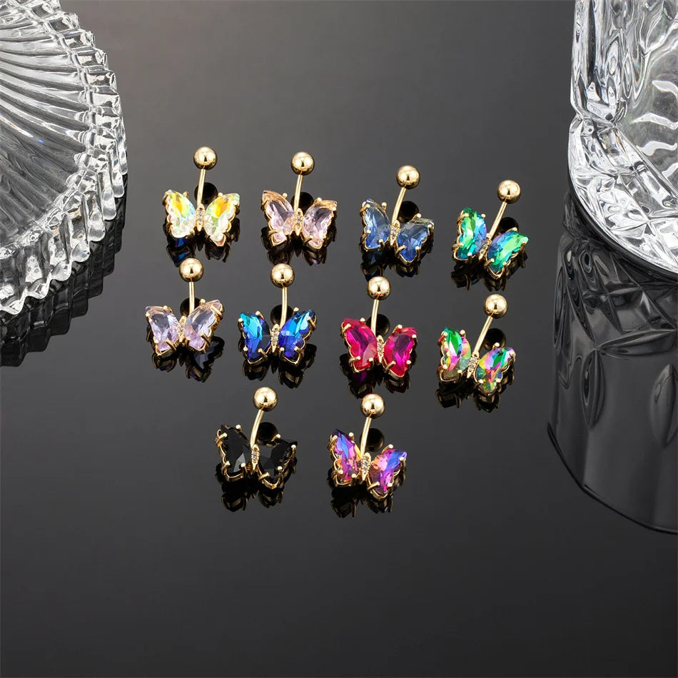 Colorful Crystal Butterfly Navel Earring 16G 10mm Surgical Steel Belly Button Piercing Rings Woman Ear Lobe Stud Body Jewelry