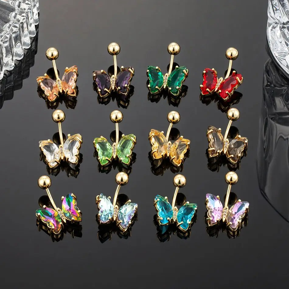 Colorful Crystal Butterfly Navel Earring 16G 10mm Surgical Steel Belly Button Piercing Rings Woman Ear Lobe Stud Body Jewelry