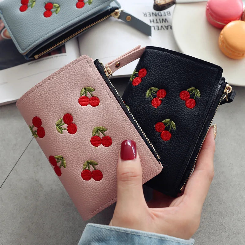 Hemasa New Cherry Fruit  Embroidery Women Purse Wallets Fashion Simple Students Wallet Small PU Leather Wallet Mini Card Holder Bags