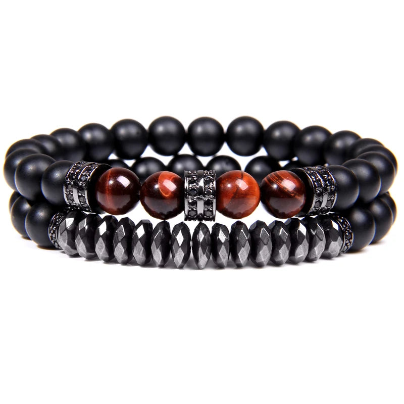 Fashion 2pcs Bead Bracelet Men Natural Tiger Eye Hematite Obsidian Beaded Bracelets Homme Energy Stretch Bracelet Men Jewelry
