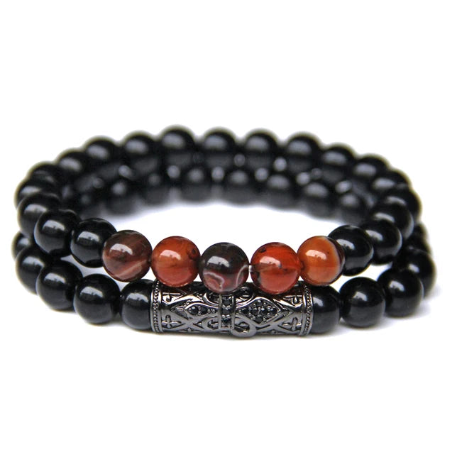 Fashion 2pcs Bead Bracelet Men Natural Tiger Eye Hematite Obsidian Beaded Bracelets Homme Energy Stretch Bracelet Men Jewelry