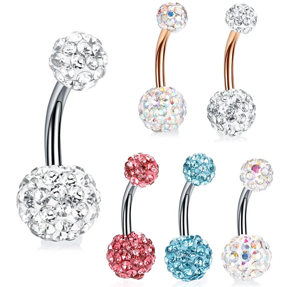 1PC Steel Double Side Belly Piercing Rings Epoxy CZ Crystal Disco Ball Belly Button Rings Navel Piercing Sexy Women Jewelry 14G