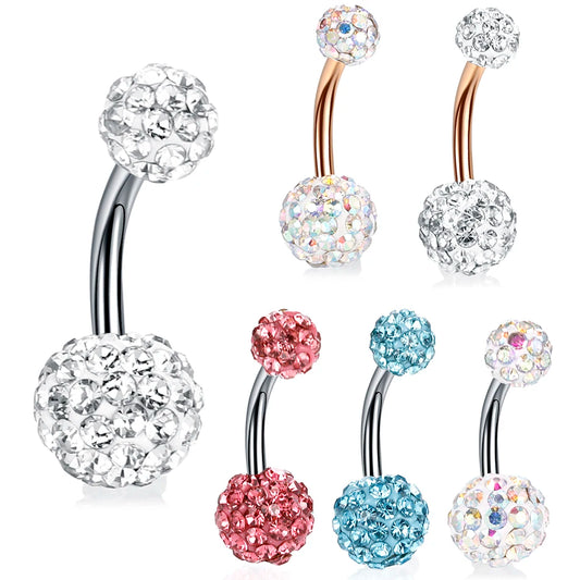 1PC Steel Double Side Belly Piercing Rings Epoxy CZ Crystal Disco Ball Belly Button Rings Navel Piercing Sexy Women Jewelry 14G