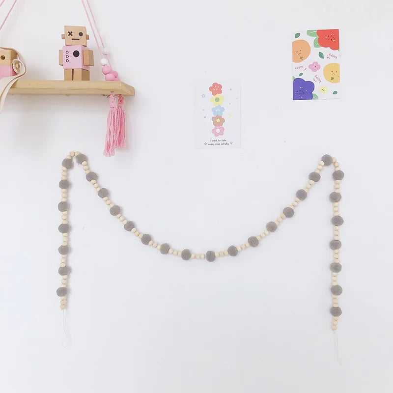 Scandinavian Wood Beads Pompom Ball Garland Wall Hanging String Ornaments Kids Girl Bedroom Nursery Room Baby Shower Decorations