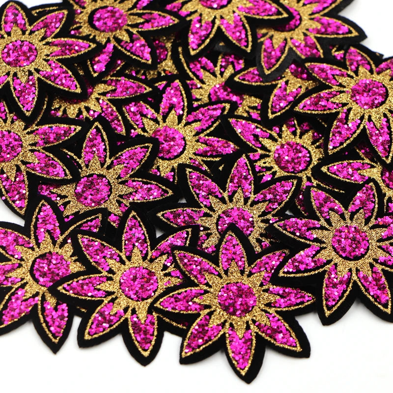 5Pcs/lot 6cm Sequined Rose Red Flower Sticker For Clothes Thermo Badge Appliques  Iron On Patch For Jeans Bags Shirt Diy