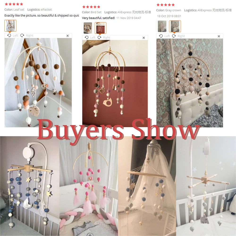 Bopoobo 1set Silicone Beads Baby Mobile Beech Wood Bird Rattles Wool Balls Kid Room Bed Hanging Decor Nursing Children Products