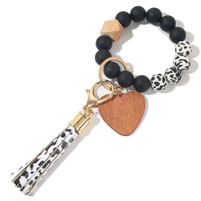 Silicone Keychain For Keys Tassel Wood Beads Bracelet Keyring For Women Multicolor Beads Keychain Fashion Keychain Wholesale