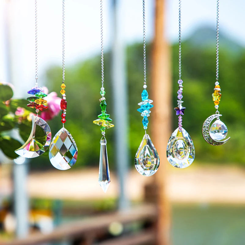 H&D 6PCS Crystal Star & Moon Suncatchers Gift Rainbow Maker Glass Chandelier Prisms Hanging Light Catcher for Window Home Garden
