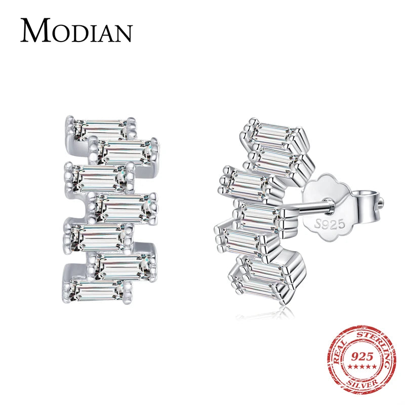 Modian 925 Sterling Silver Luxury Emerald Cut Stud Earrings for Women Dazzling Clear CZ Hypoallergenic Ear Pins Fine Jewelry