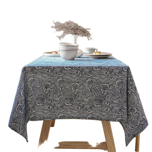 Tejesa  Linen Rectangular Blue Sea Ripple Home Coffee Dining Table Fireplace Microwave Table Cloth Cover