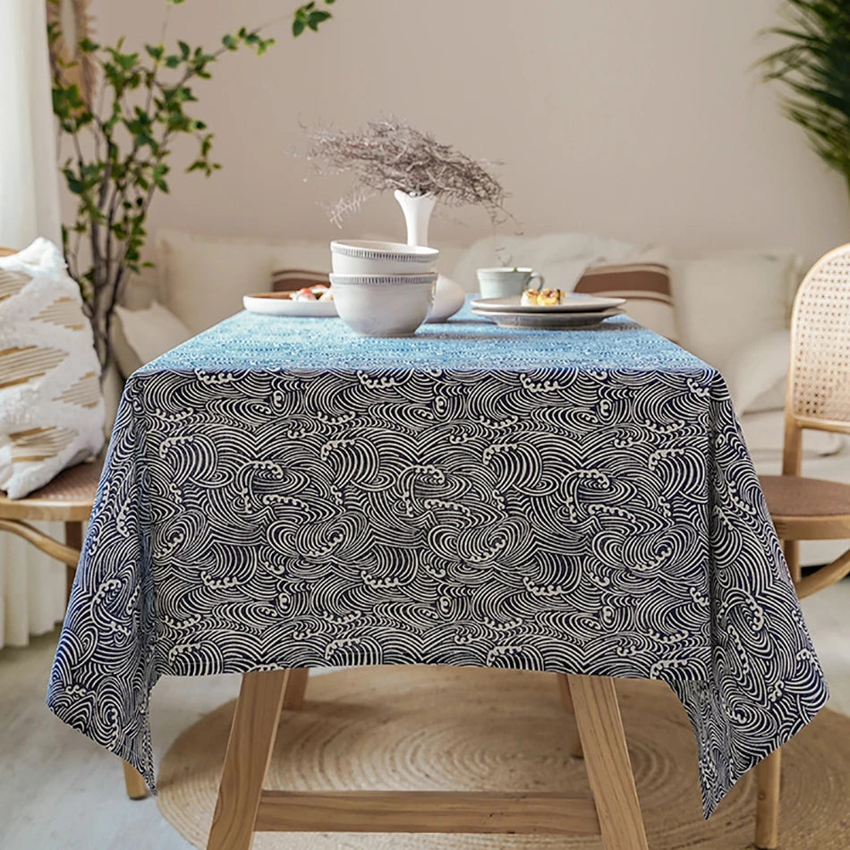 Tejesa  Linen Rectangular Blue Sea Ripple Home Coffee Dining Table Fireplace Microwave Table Cloth Cover