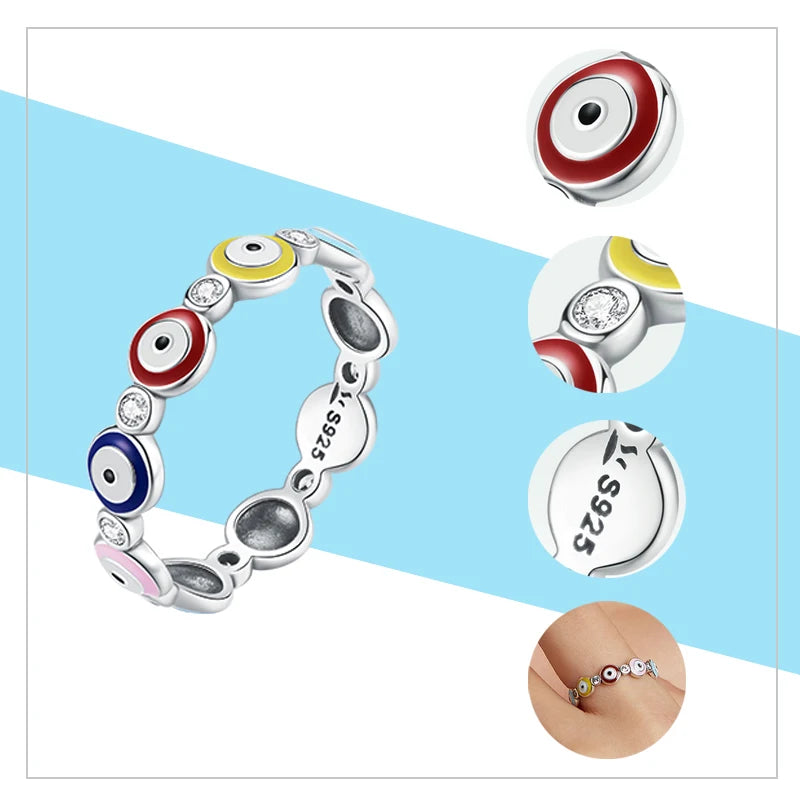 WOSTU 925 Sterling Silver Guardian Eye Ring Colorful Enamel Finger Ring For Women Fashion Silver Jewelry Gift CQR742