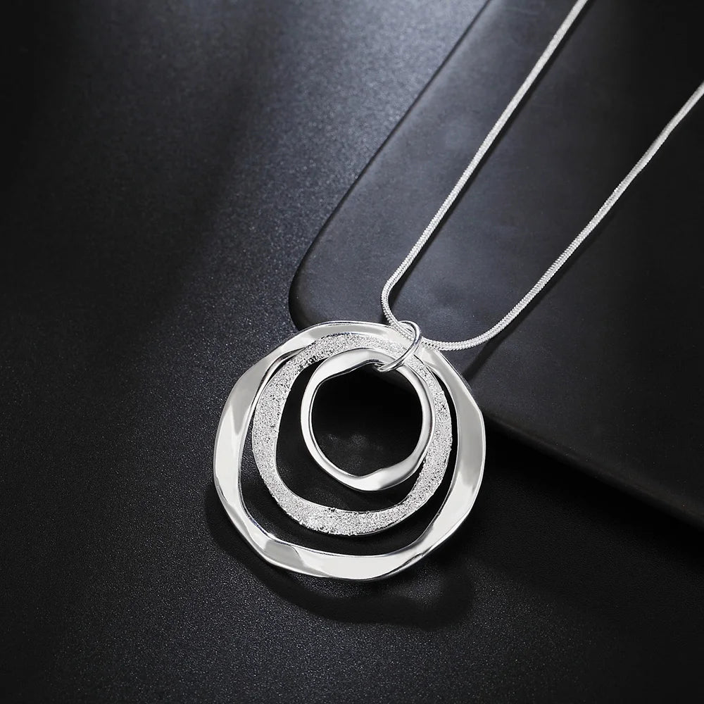 Hemasa 925 Sterling Silver  Three Circle Pendant  Frosted Necklace For Women(45Cm)