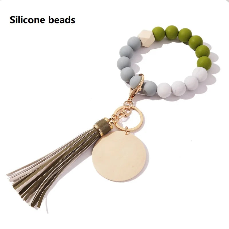 Silicone Keychain For Keys Tassel Wood Beads Bracelet Keyring For Women Multicolor Beads Keychain Fashion Keychain Wholesale