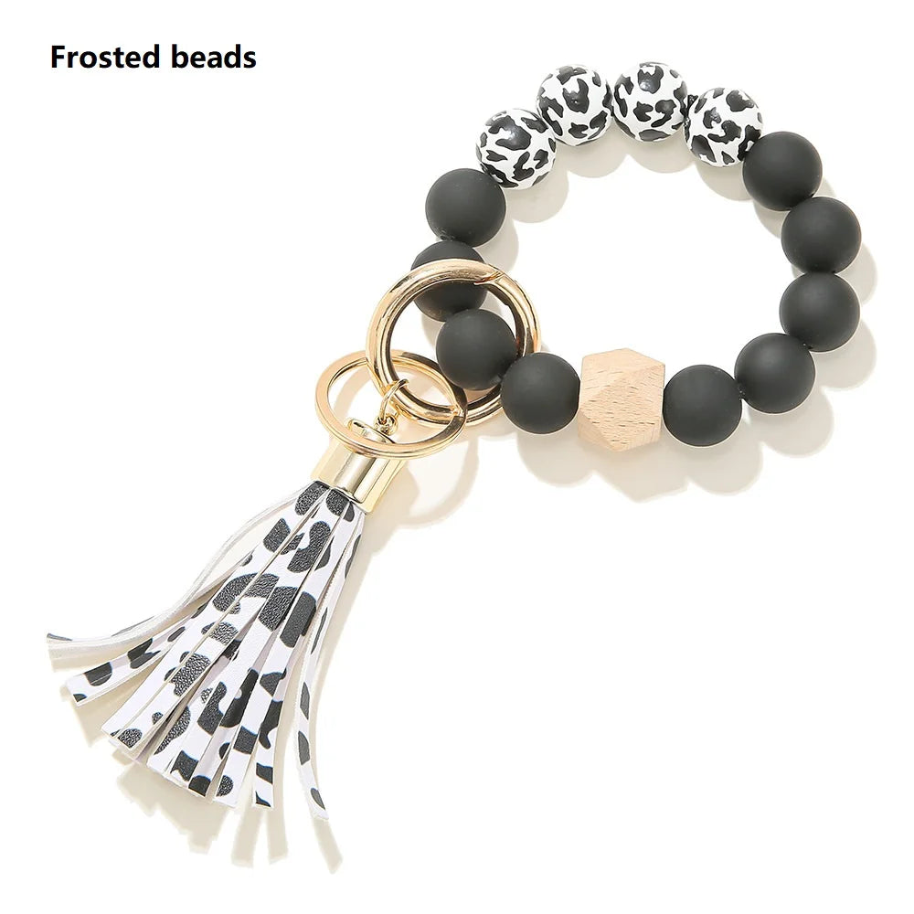 Silicone Keychain For Keys Tassel Wood Beads Bracelet Keyring For Women Multicolor Beads Keychain Fashion Keychain Wholesale