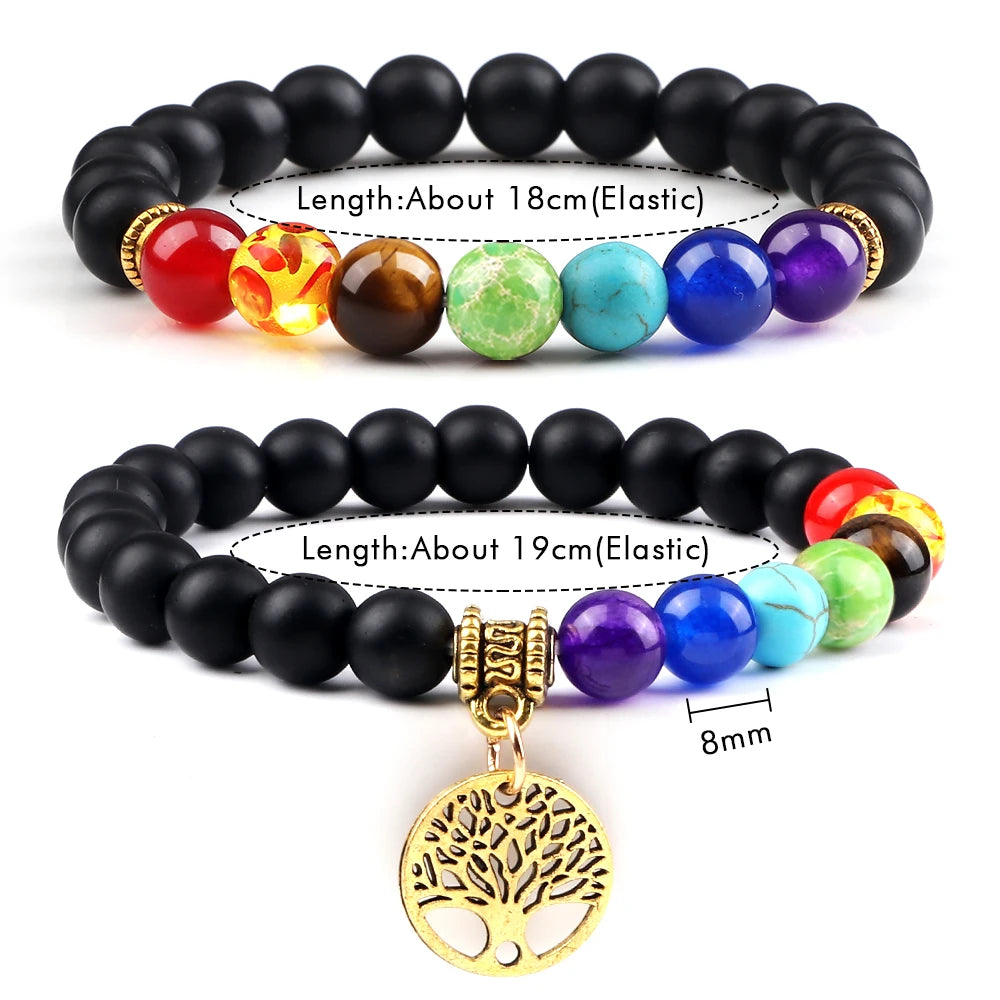 Heamsa 2pcs/set Hot 7 Chakra Beads Bracelets Tree of Life Natural Tiger Eye Stone Black Lava Onyx Balance Bracelet Yoga Bangles Jewelry