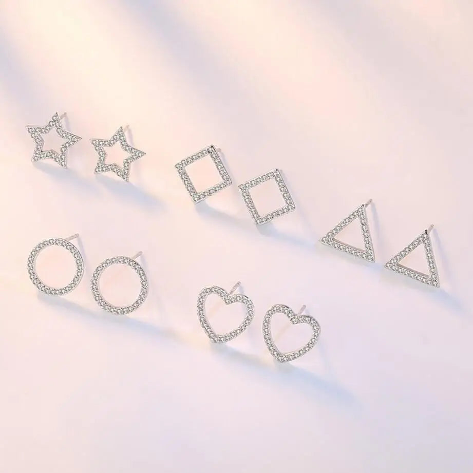 925 Sterling Silver Geometric Star Heart Square Mosaic Zirconia Stud Earrings For Women Silver 925 Jewelry S-E539