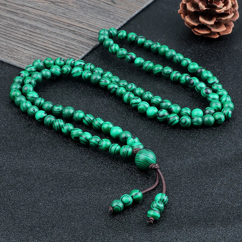 6mm Natural Malachite Stone Beaded Necklace 108Mala Prayer Women Green Color Stone Pendant Necklace Men Bangle Necklace Jewelry