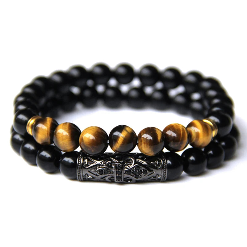 Fashion 2pcs Bead Bracelet Men Natural Tiger Eye Hematite Obsidian Beaded Bracelets Homme Energy Stretch Bracelet Men Jewelry