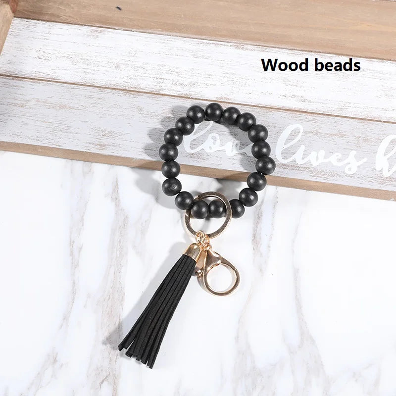 Silicone Keychain For Keys Tassel Wood Beads Bracelet Keyring For Women Multicolor Beads Keychain Fashion Keychain Wholesale