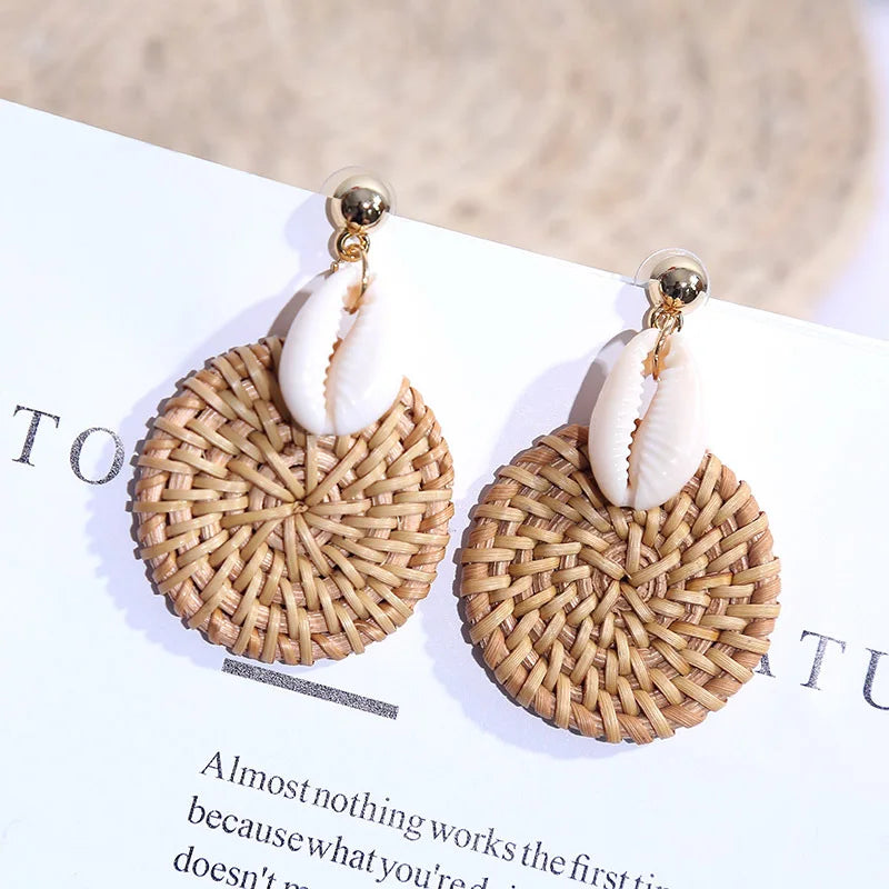 Hemasa Korean Style Fashion Handmade Natural Shell Rattan Drop Earrings For Women