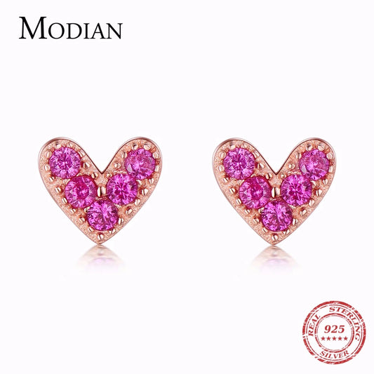 Modian Genuine 925 Sterling Silver Hearts Fashion Rose Gold Color Pink CZ Simple Stud Earrings For Women Sterling Silver Jewelry