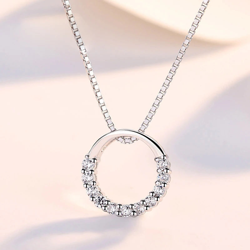 New Fashion 925 Sterling Silver Jewelry Fine Round Zircon Pendant Necklaces Women Gift Semi Circle Rhinestone CZ Clavicle Chain