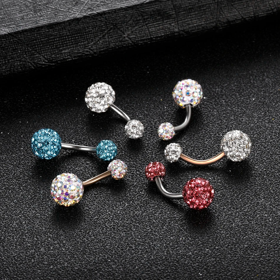 1PC Steel Double Side Belly Piercing Rings Epoxy CZ Crystal Disco Ball Belly Button Rings Navel Piercing Sexy Women Jewelry 14G