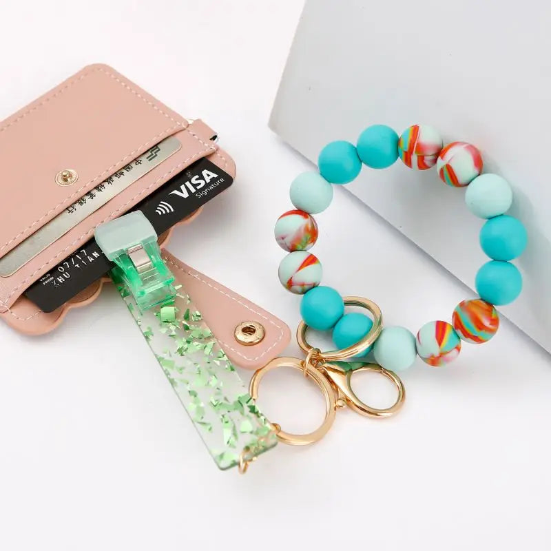 Silicone Keychain with Safe Card Picker Rainbow Color Silicone Beads Women Keyrings Barcelet Fashion Keychains For Keys Bag Car