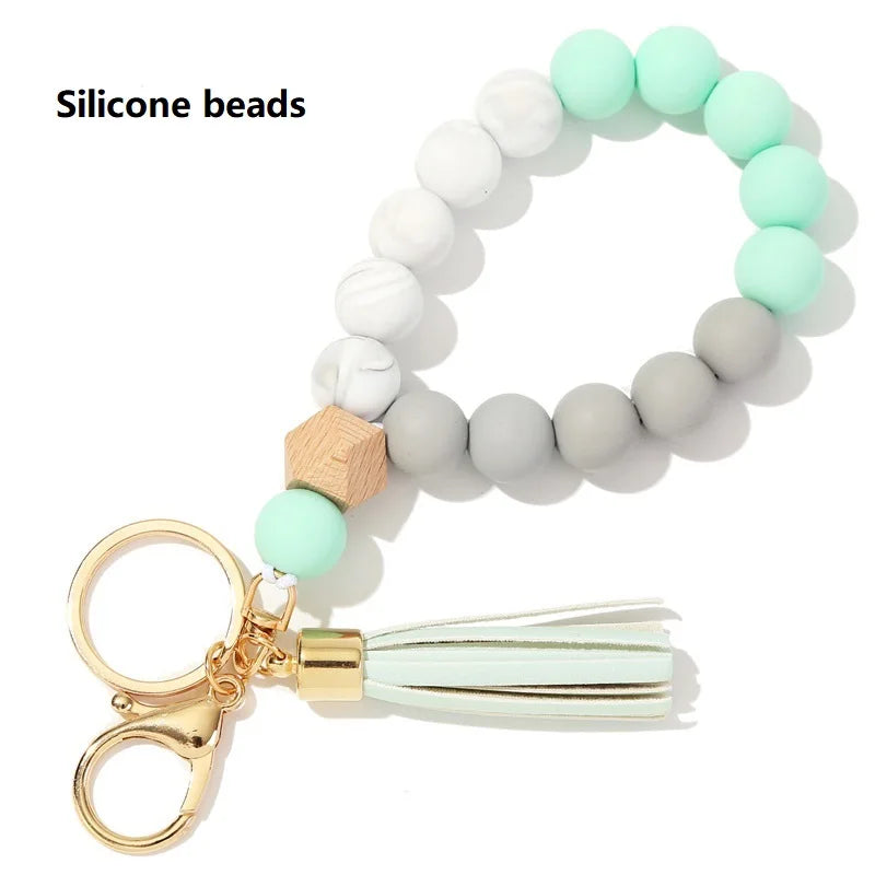 Silicone Keychain For Keys Tassel Wood Beads Bracelet Keyring For Women Multicolor Beads Keychain Fashion Keychain Wholesale