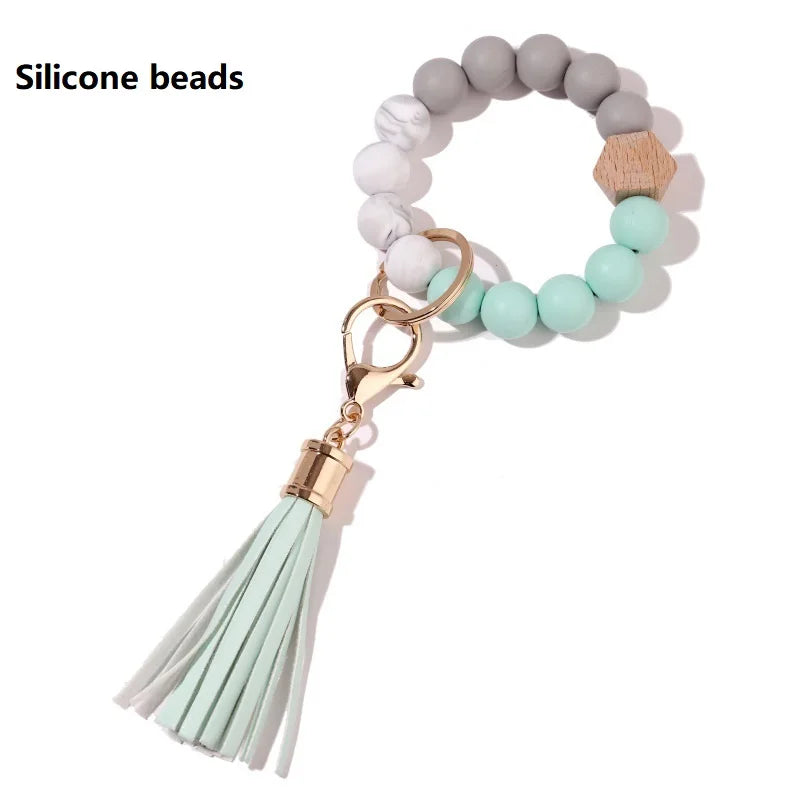 Silicone Keychain with Safe Card Picker Rainbow Color Silicone Beads Women Keyrings Barcelet Fashion Keychains For Keys Bag Car