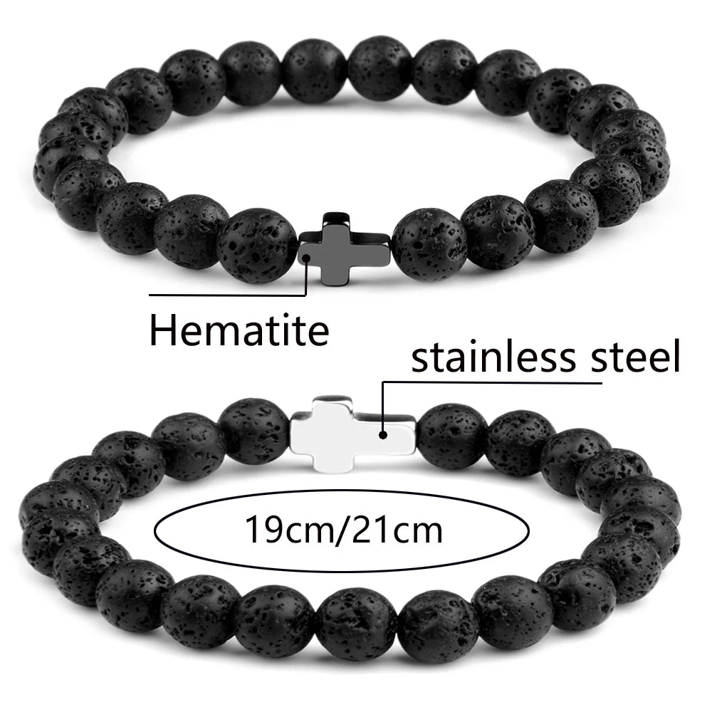 Hemasa Natural Stone Cross Bracelets Hematite Stainless Steel Cross Elastic Rope Map Lava Bead Bracelet For Men Women Charm Jewelry