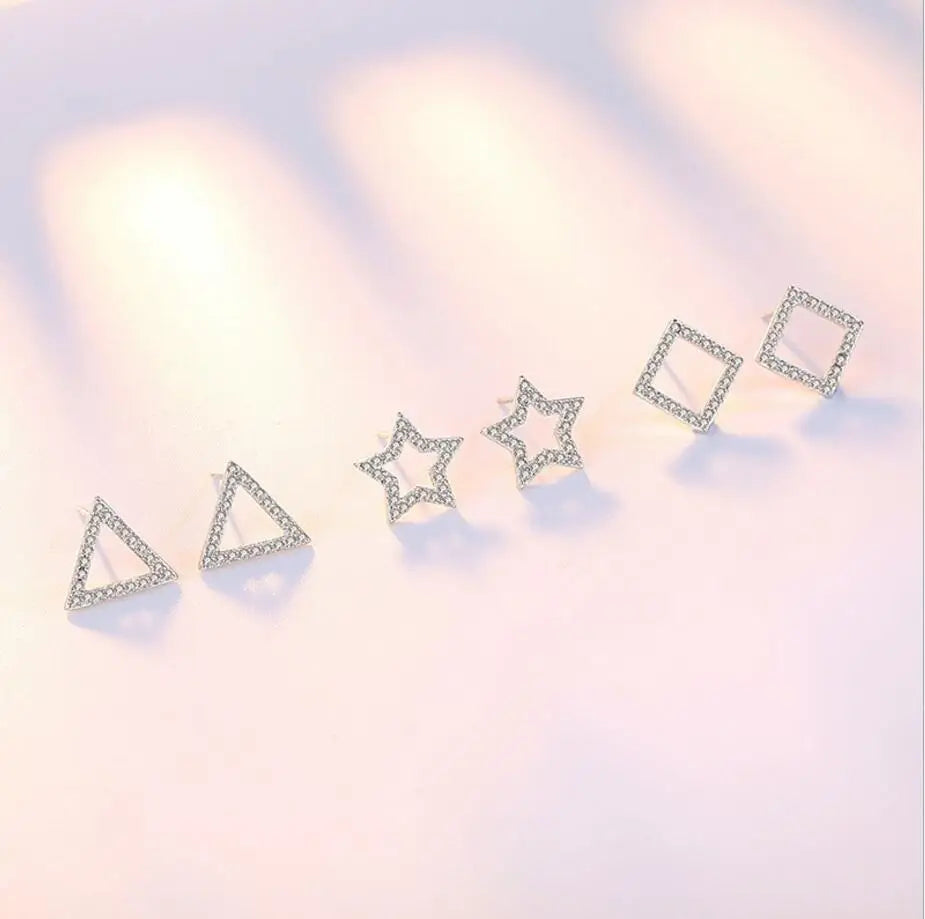 925 Sterling Silver Geometric Star Heart Square Mosaic Zirconia Stud Earrings For Women Silver 925 Jewelry S-E539