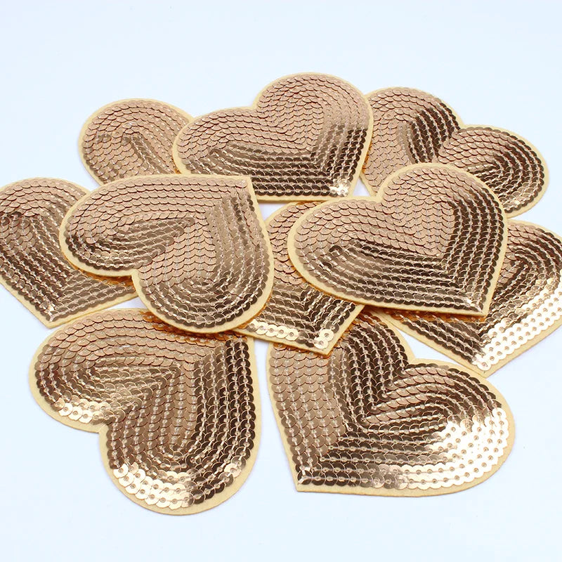 10pcs/lot Sequined Gold Heart Patch Iron On Sew On Hats Shoes Pants Jeans Coats Stickers DIY Fabric Appliques Embroidery Patches