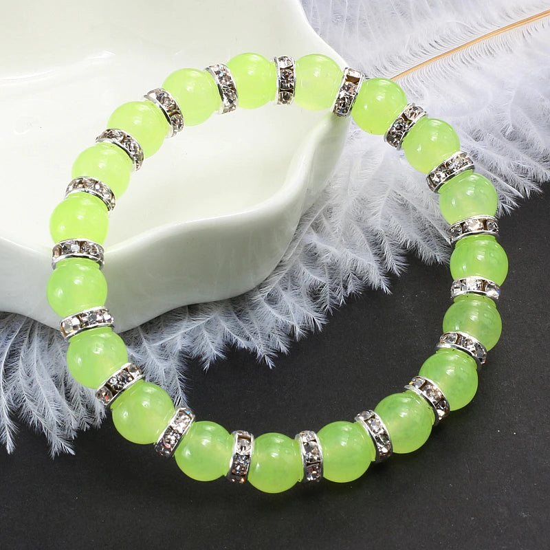 Natural Green Onyx Stone Beaded Bracelet Charm Women Rhinestone Luxury Stretch Strand Bracelets Men Prayer Sports Jewelry