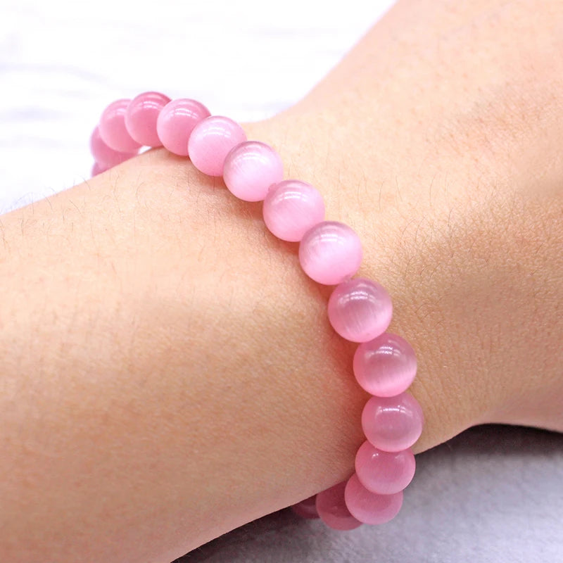 Heamasa Cute 4/6/8/10/12MM Pink Cat eye Beads Bracelet Bangle for Women