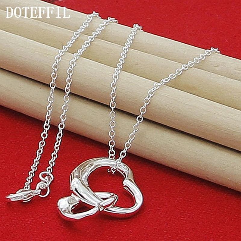 Hemasa 925 Sterling Silver 18 Inch Chain Double Heart Pendant Necklace For Women Wedding Engagement Fashion Charm Jewelry