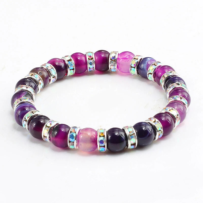 Fashion Natural Stone Bracelet Charm Women Color Crystal Rhinestone Purple Agates Beads Bracelets Bangles Women Elastic Jewelry