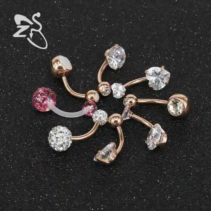 ZS 8pcs/lot Navel Belly Button Ring Heart Crystal Gem Rose Gold Color Piercings Omblig Navel Piercing Stainless Steel Piercing