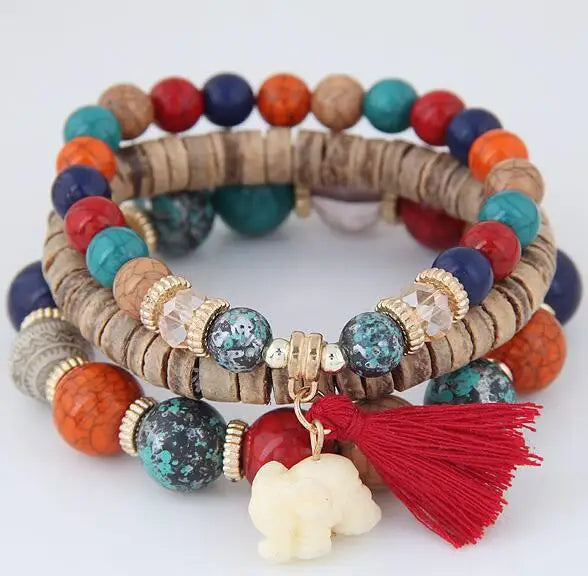 3pcs/set Wooden Beads Bracelets For Women Bohemia Elephant Tassel Charm Bracelets & Bangles Set Boho Vintage Jewelry Femme