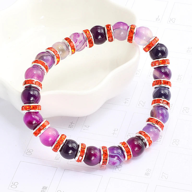 Fashion Natural Stone Bracelet Charm Women Color Crystal Rhinestone Purple Agates Beads Bracelets Bangles Women Elastic Jewelry