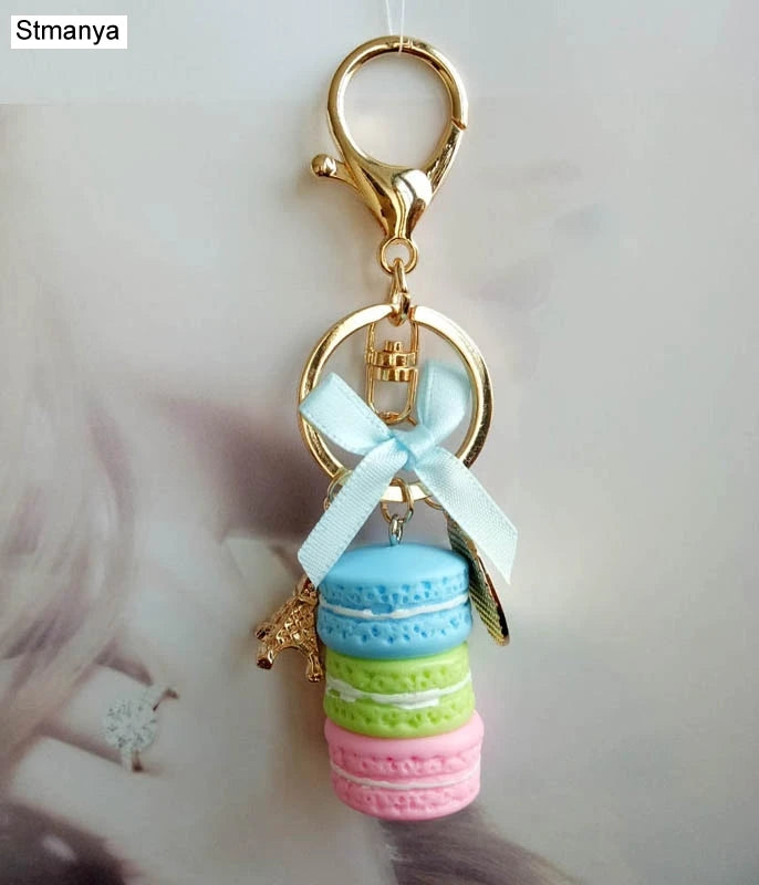 New Cake Key chain fashion car Key Ring Women bag charm accessories France Cake Macarons with Eiffel Tower Keychain gift Jewelry