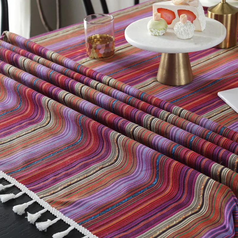 Hemasa  Bohemian Dining Tablecloth Colour Cotton Stripe Print Table Cloth Tassels