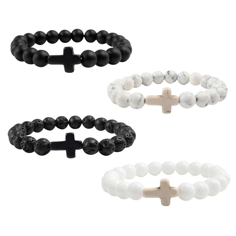 Hemasa Natural Stone Bracelet Cross Black Lava Matte Beaded Bracelets