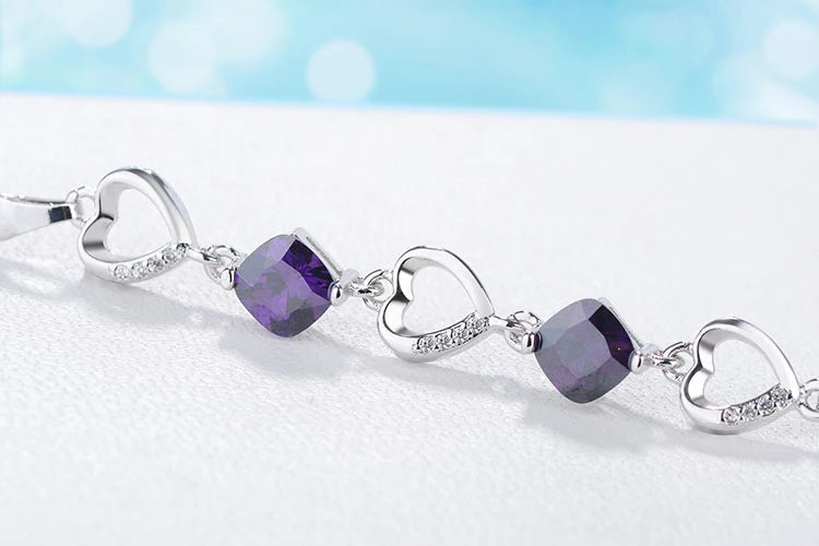 Hot Fashion 925 Sterling Silver Bracelet For Women Heart Purple Zirconia Bracelet Pulseira Feminina