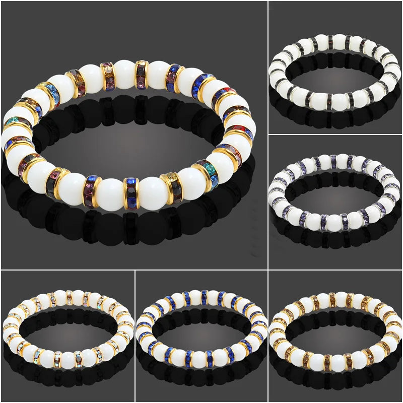 Hemasa Natural Stone Chakra Elastic Bracelet Men White Porcelain Healing Balance Beads Reiki Buddha Prayer Bracelet For Women