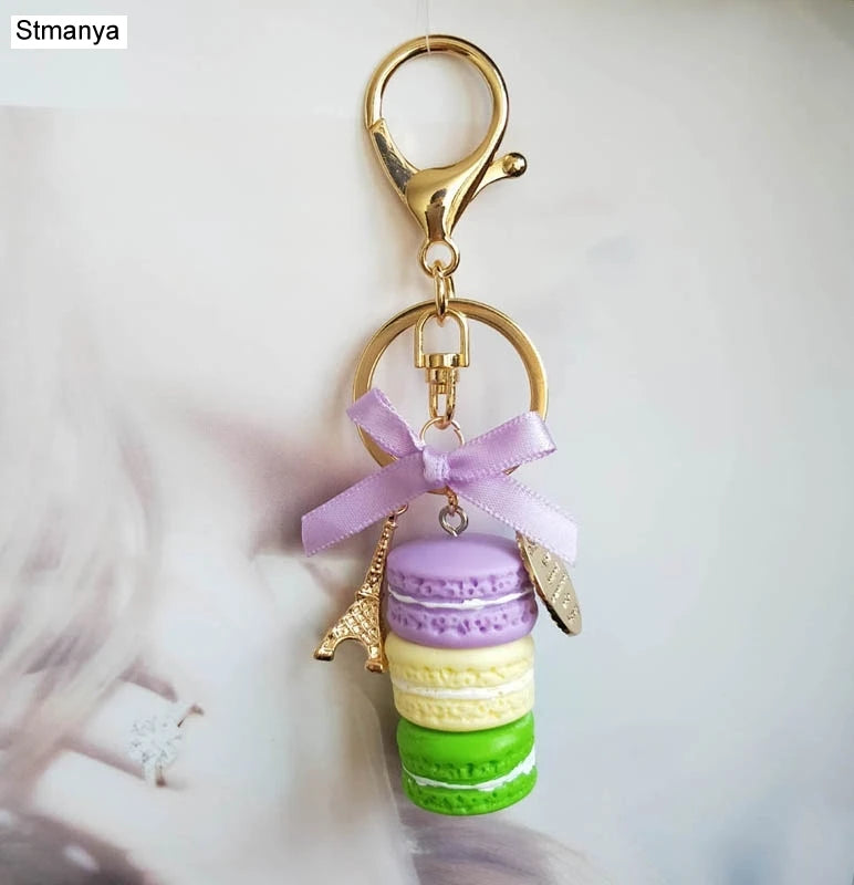 New Cake Key chain fashion car Key Ring Women bag charm accessories France Cake Macarons with Eiffel Tower Keychain gift Jewelry
